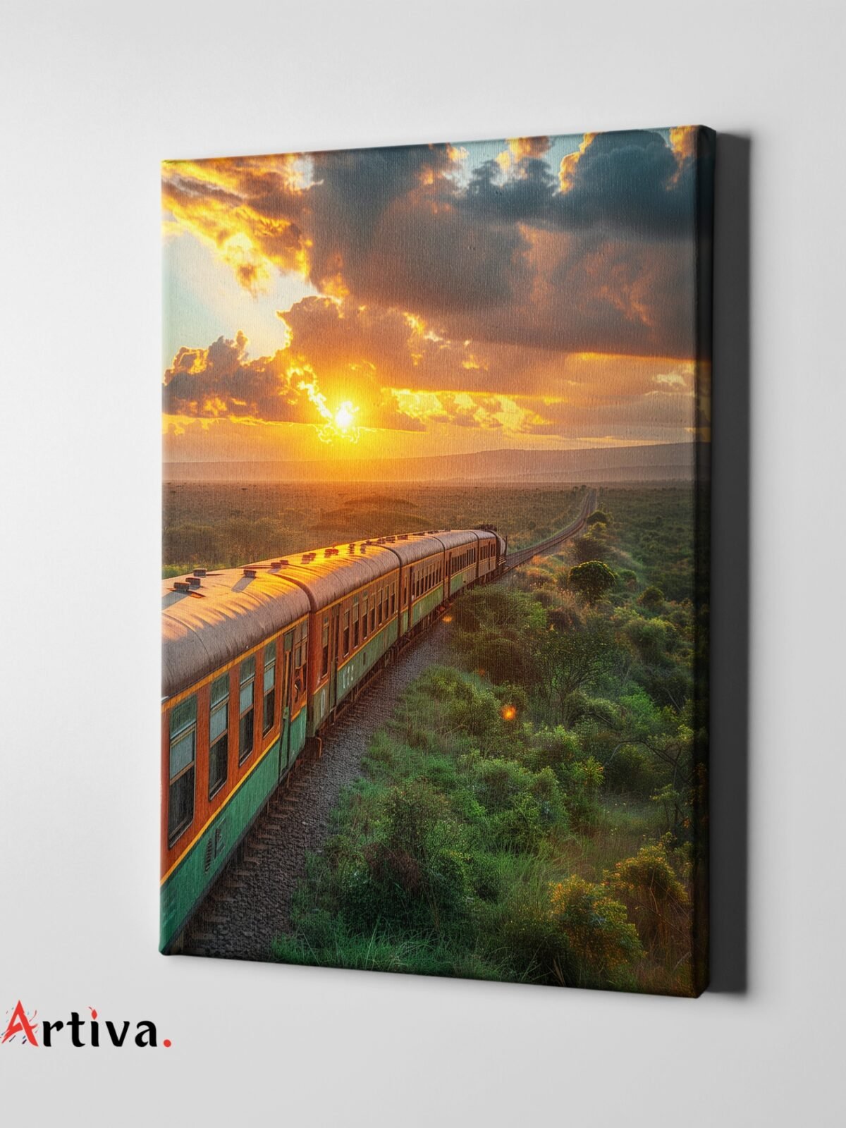 2- Tablou canvas realist si modern – Peisaj cu un tren la apus – Unic, fotografie, print de calitate, printat pe panza, unic, livrare rapida, ieftin, 4K, Ultra HD