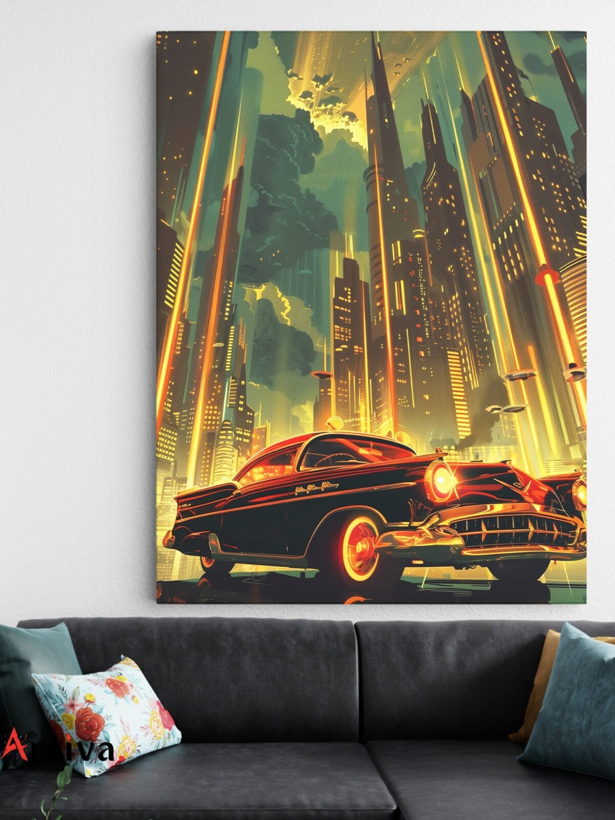 Retro Car in the Futuristic Metropolis Canvas: Classic Charm Meets Future Energy