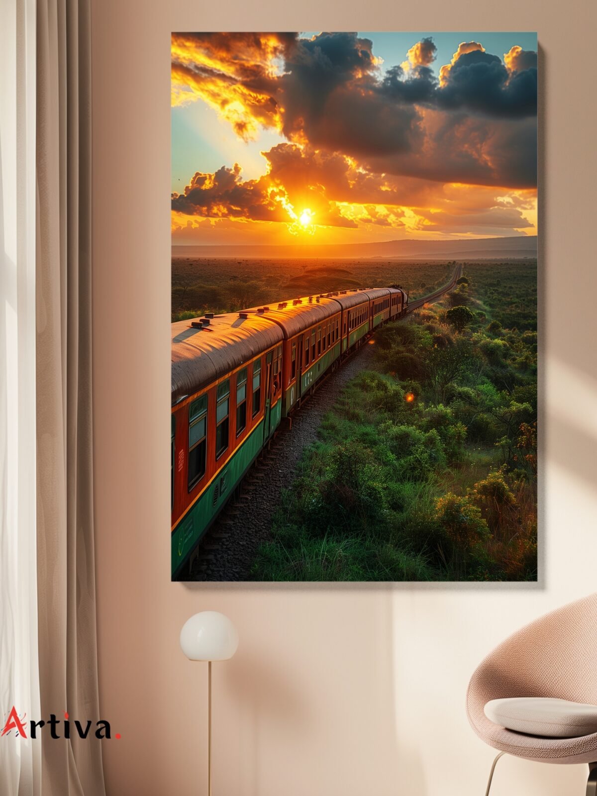 Decorative canvas wall art with a realistic landscape: A train traveling towards the Sunset