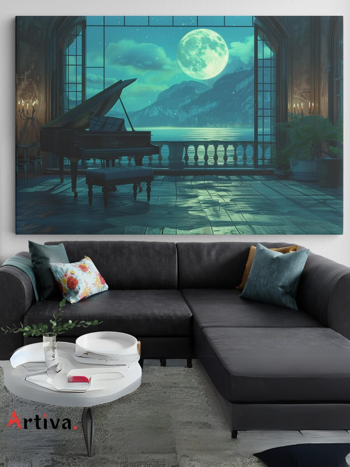 Elegant and mysterious canvas wall art: The Piano by the Window - Serenity in Moonlight