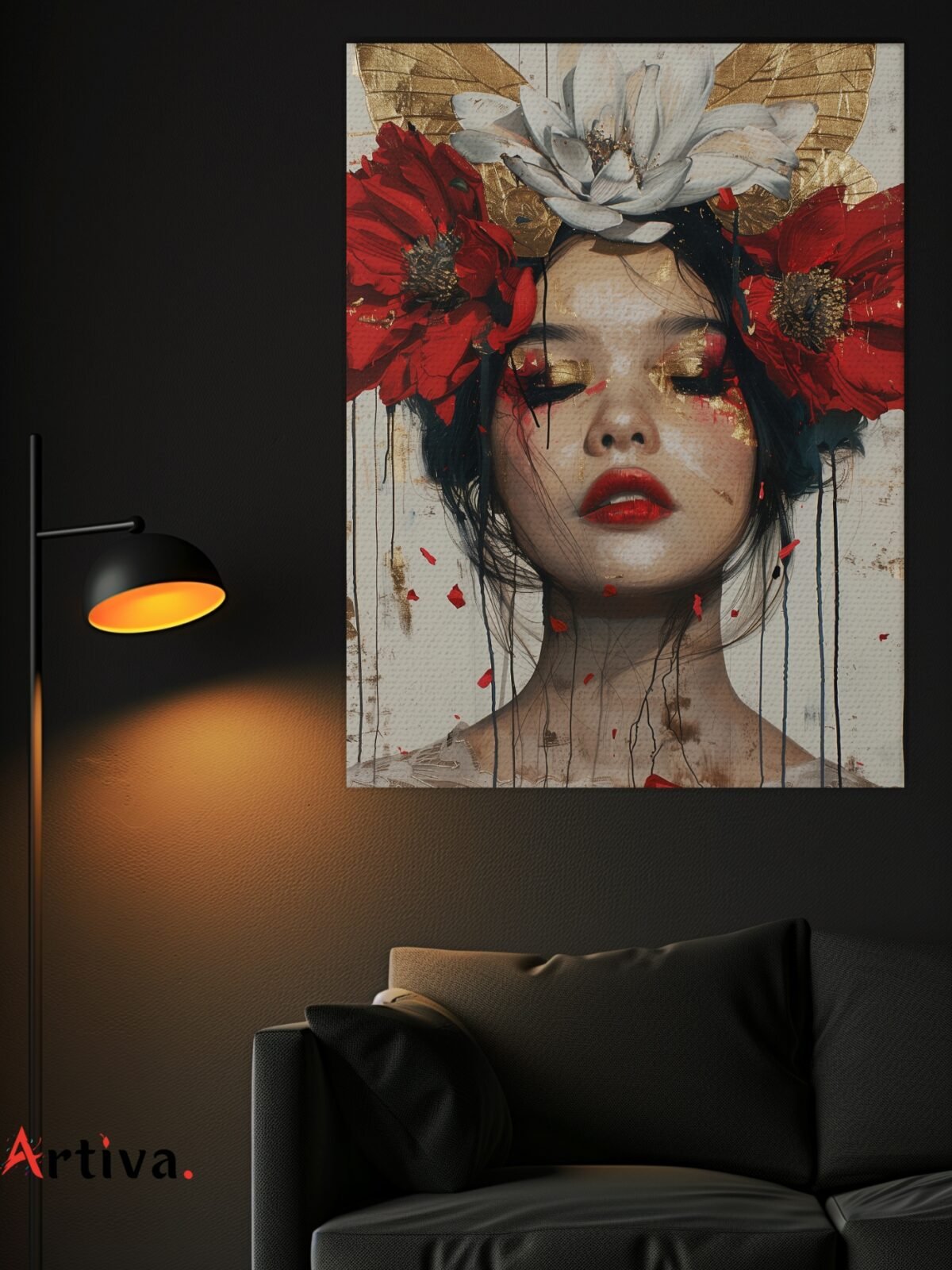 Floral and feminine canvas wall art: Feminine Essence Red & Gold - Portrait of the Winged Geisha