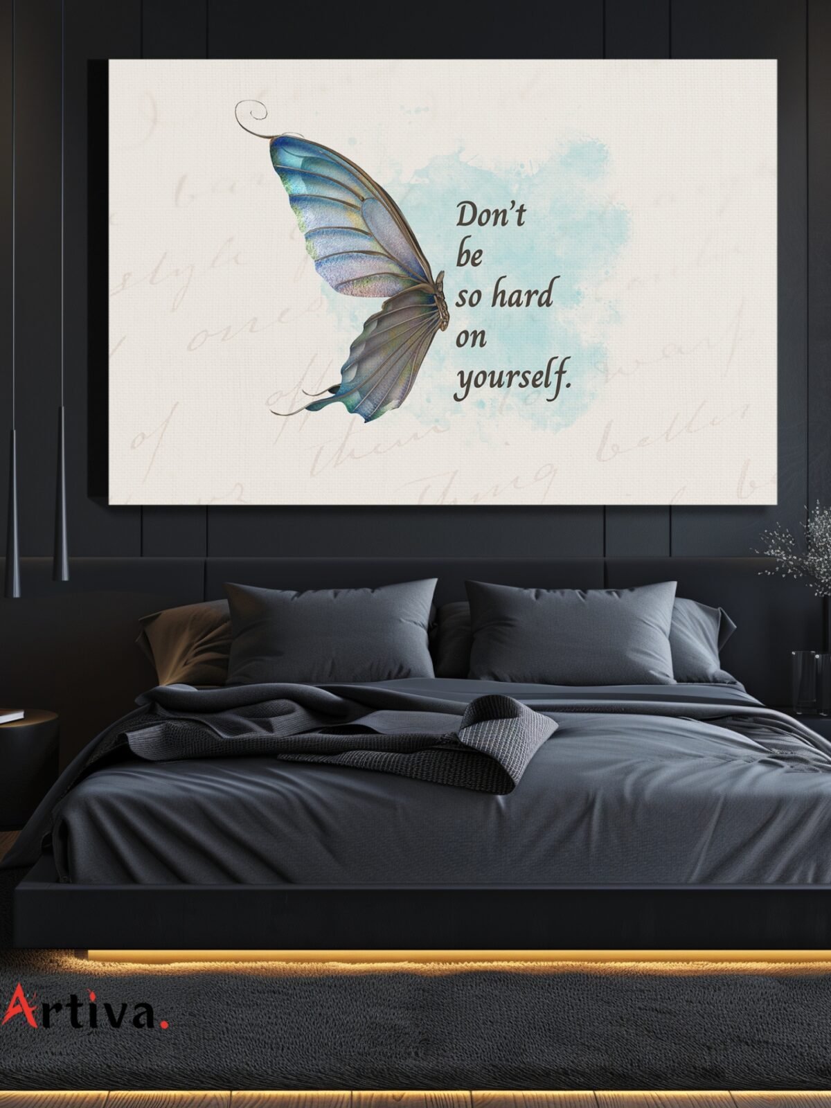 Motivational and modern canvas wall art with butterfly: Don't be so hard on yourself