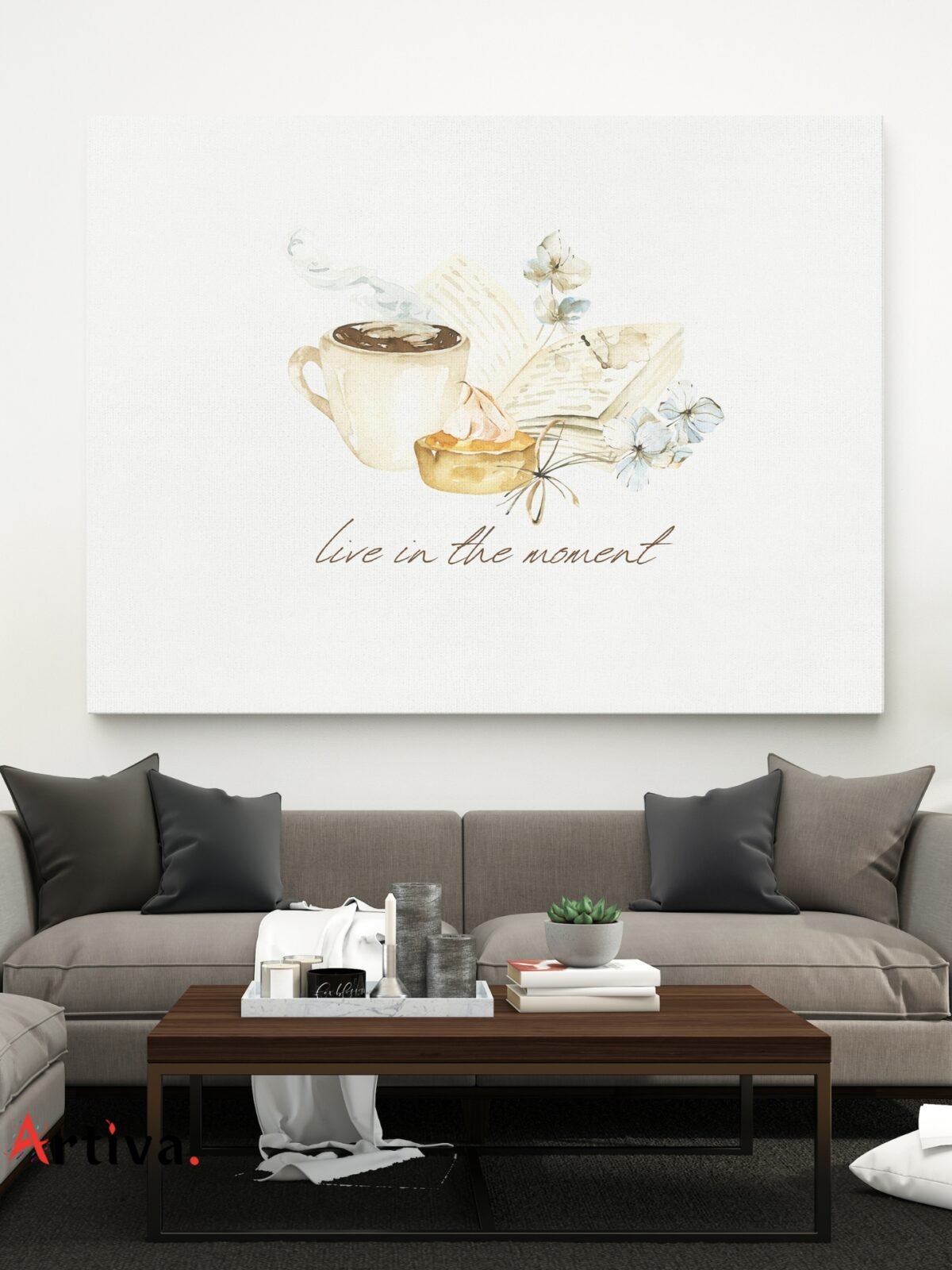 Inspirational canvas wall art, watercolor for the kitchen: Live in the moment - Over a cup of coffee