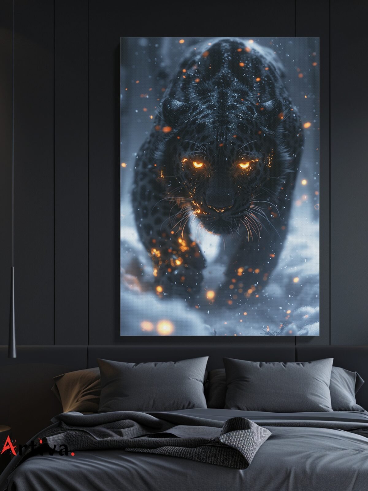 Modern animal canvas: The Magic of Winter - The Black Panther and the Snowy Glade