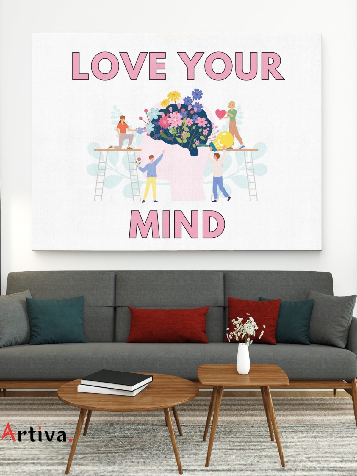 Motivational, minimalist, and psychological canvas wall art: Love your Mind - Floral Symphony