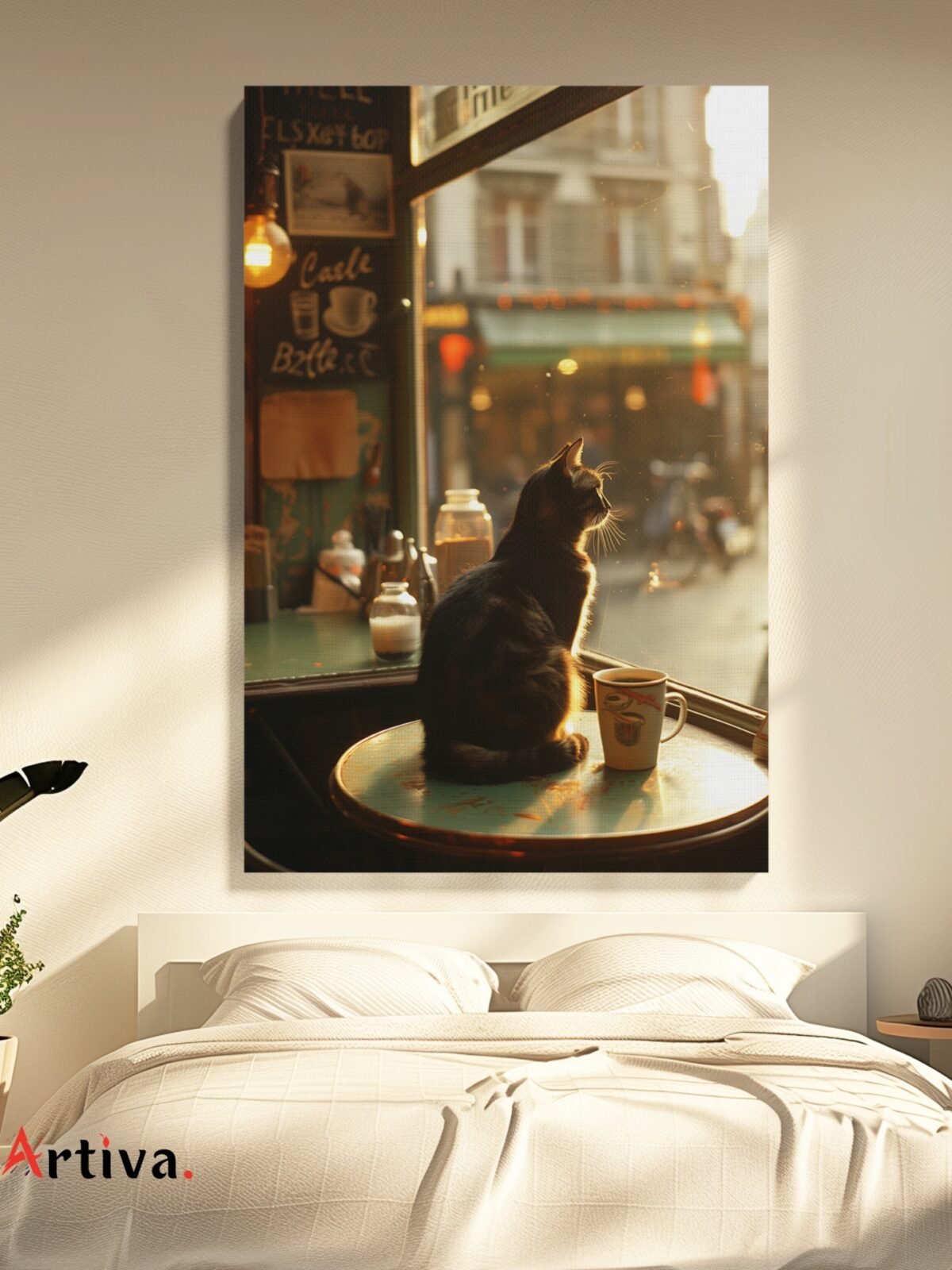 Canvas wall art of a solitary and adorable cat: Coffee Reflections - A Purrfect Sunset