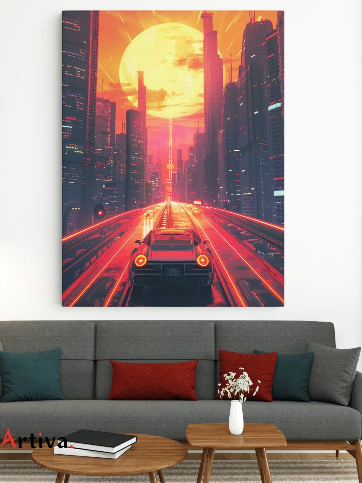 Retro, vintage, and modern canvas: The Pulse of the Metropolis - A Neon Adventure with a Classic Car