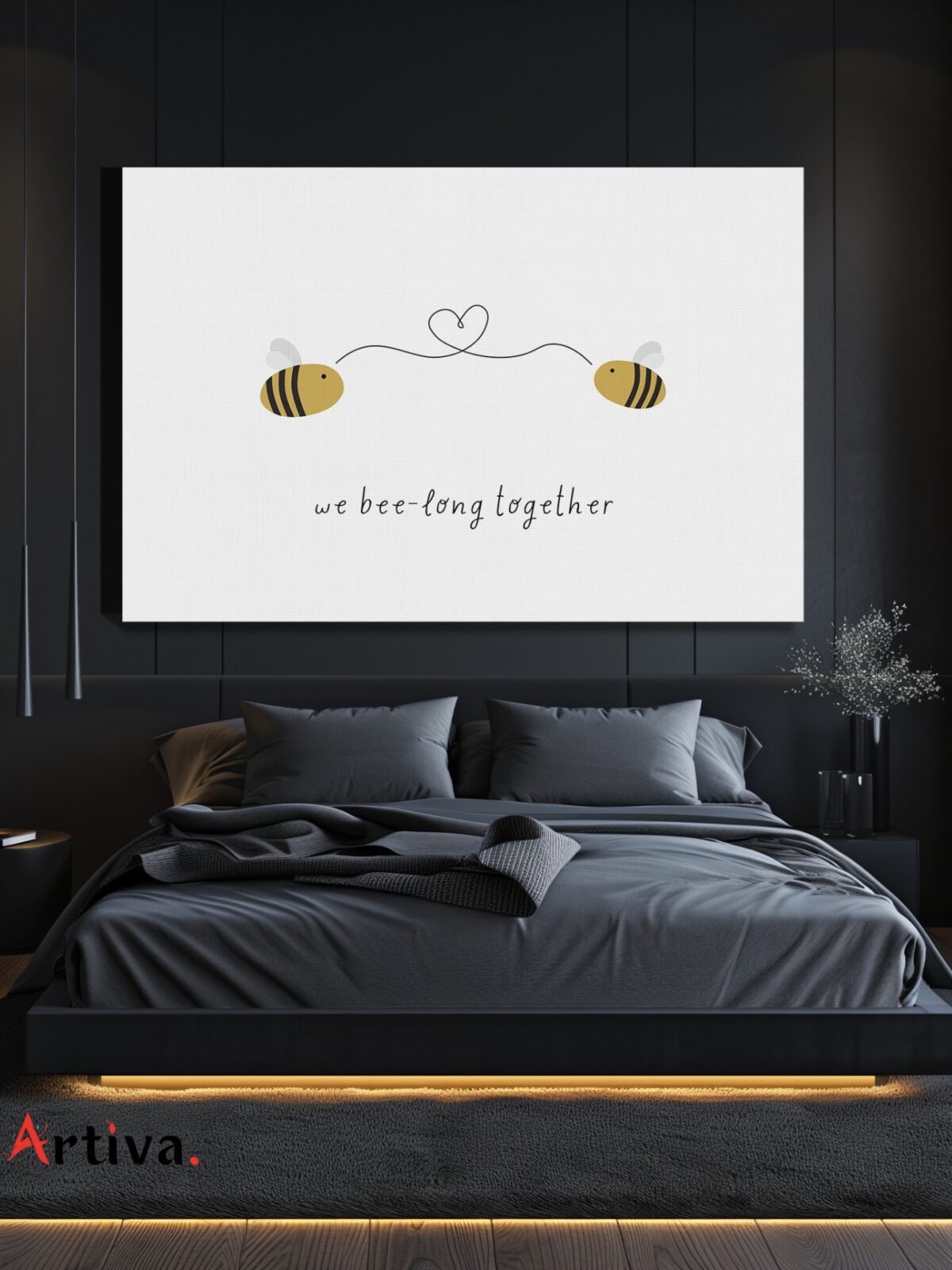 Romantic, minimalist, and modern canvas wall art: We bee-long together - Playful Bees