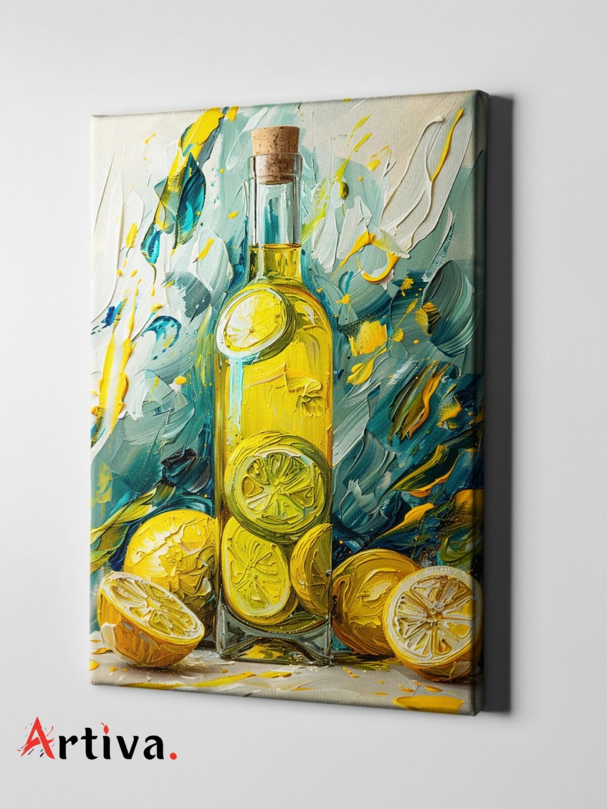 2 – Tablou canvas pentru bucatarie – Pictura cu lamai, limoncello, expresionist, culinar, galben si albastru, culori puternice, modern, bar, living, hol, restaurant, printat pe panza, fara rama, premium