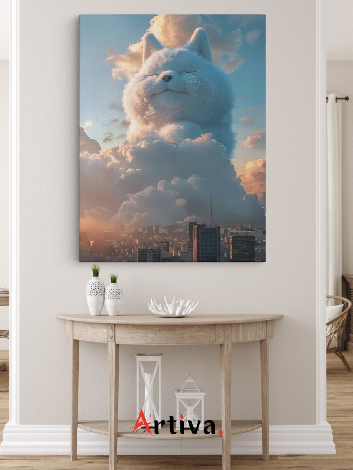 Canvas wall art with an adorable and realistic dog: Above the Sky - Shiba Inu Among the Clouds at Sunrise in Tokyo, Japan