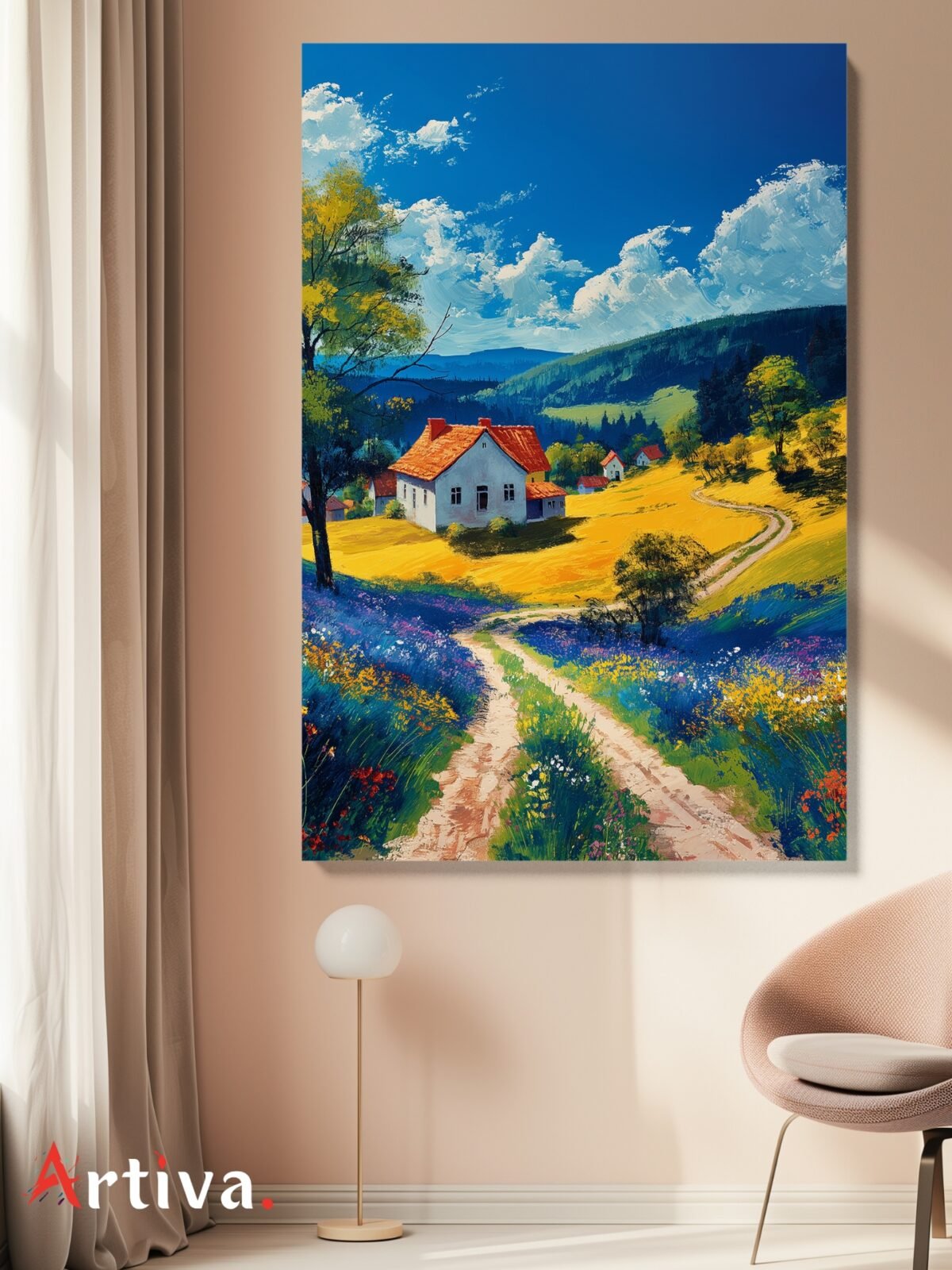 Decorative canvas artwork of a rural landscape: Country Cottage in the Twilight - Summer Painting in Saturated Colors