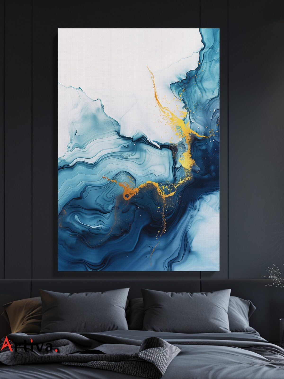 Modern abstract and elegant canvas painting: Elegance in Blue and Gold Marble - Azure Veins