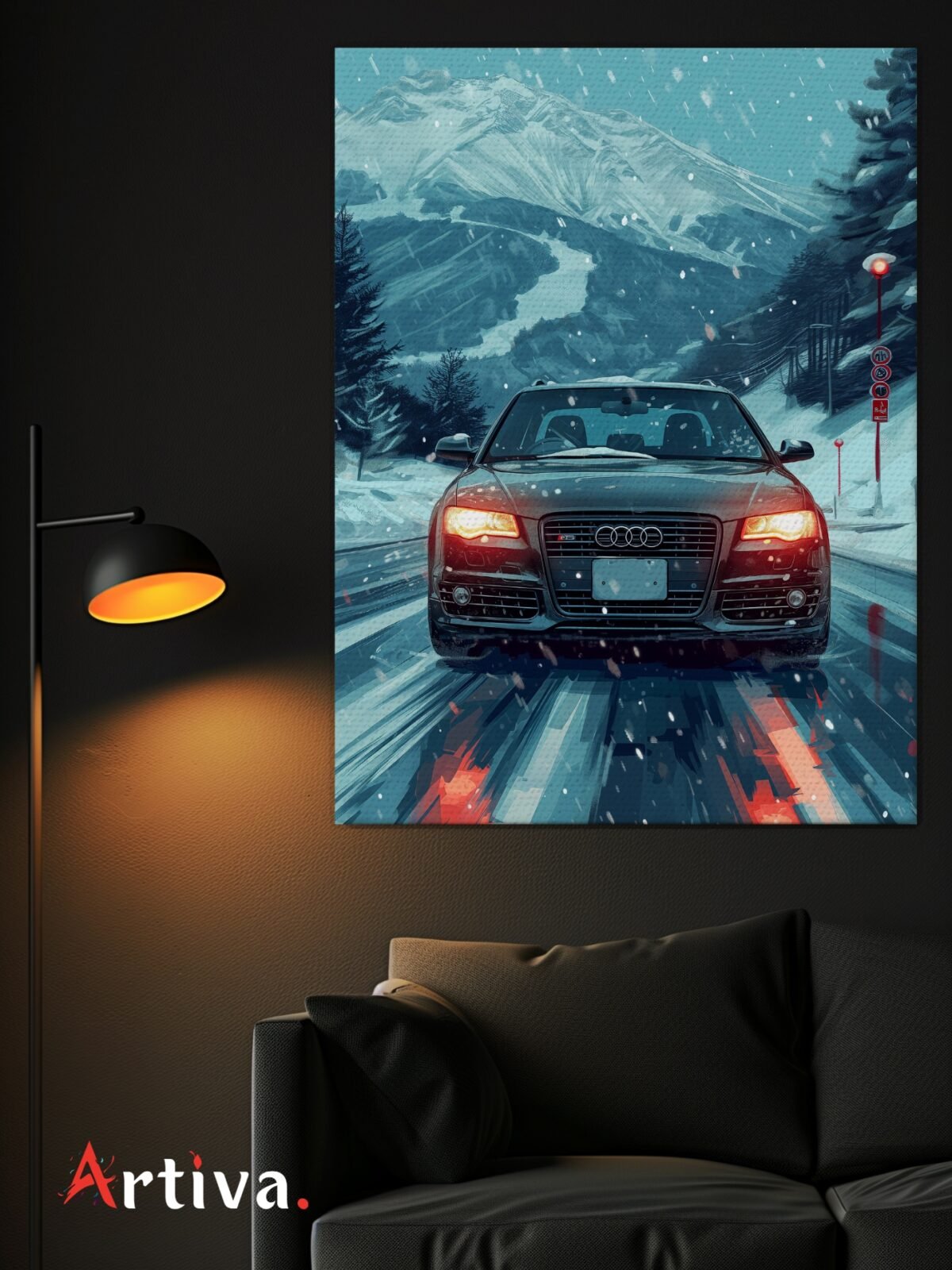 Canvas wall art modern cars: Speed and Elegance in Snow - Audi A4 in a Winter Landscape