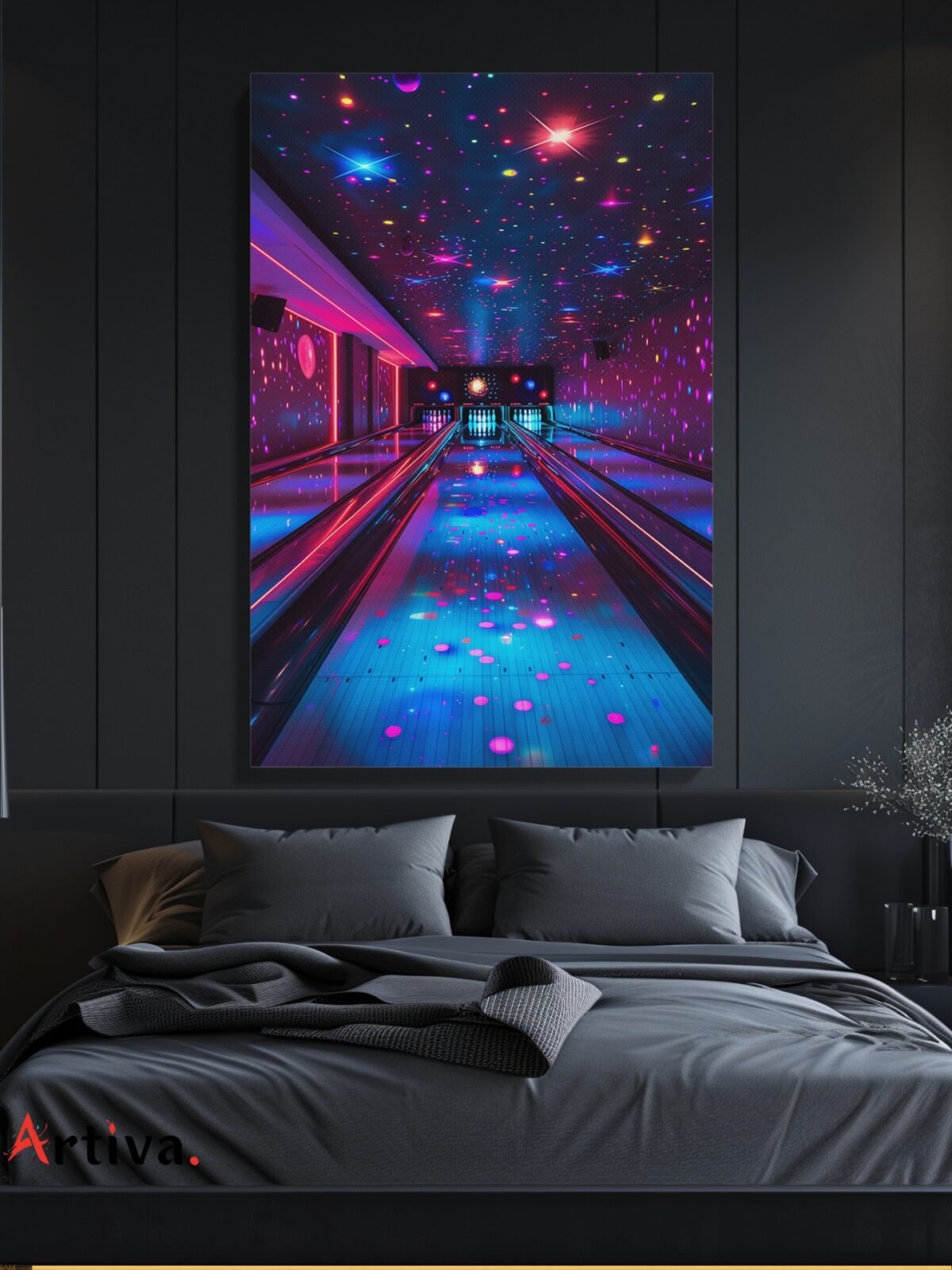 Neon and realistic canvas wall art: Cosmic Bowling in Vibrant Lights