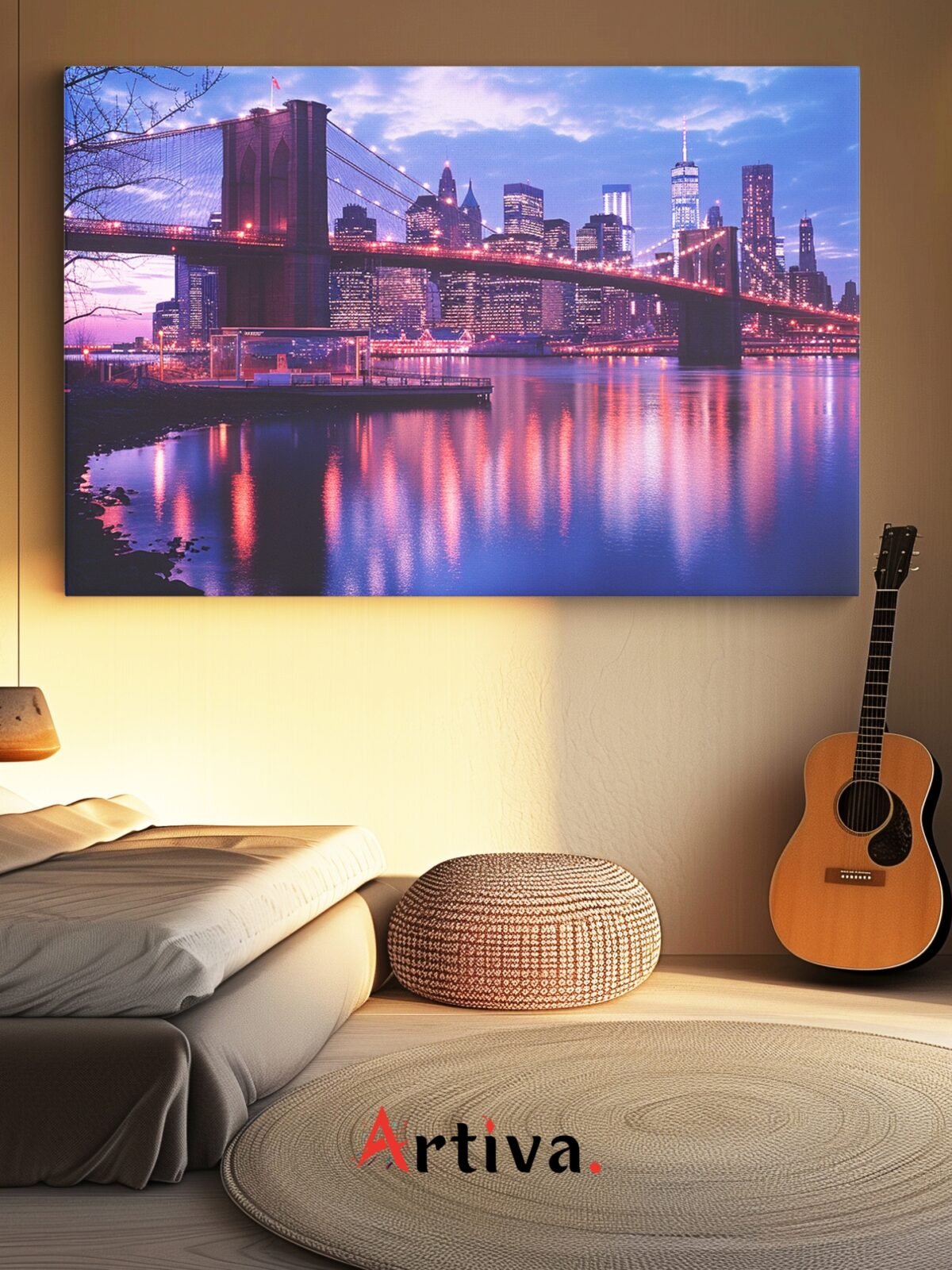 Canvas cityscape, metropolitan and modern: New York at Night - Lights and Urban Silhouettes on the Brooklyn Bridge, Manhattan