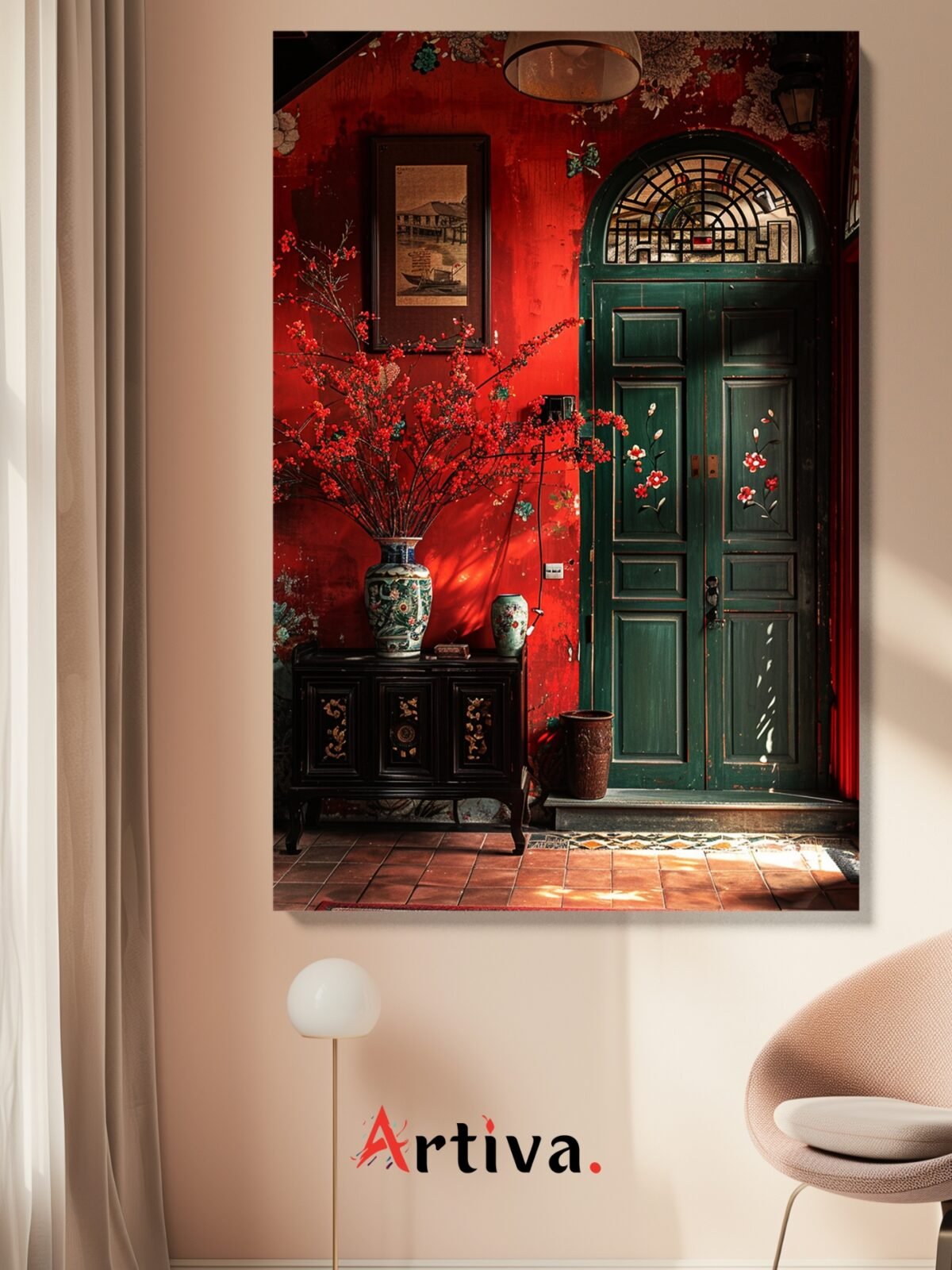 Vintage canvas, architectural in Vignette Style: A Harmonious Blend between Rustic and Elegant - Shades of Bright Red and Green