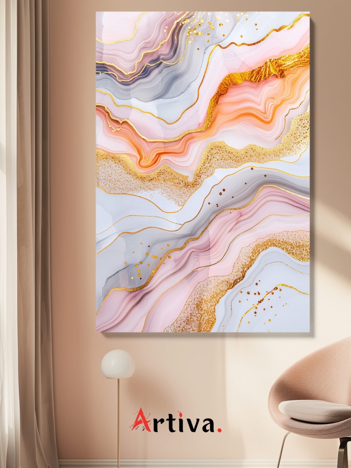 Modern, abstract, and elegant canvas: Elegance in White, Baby Pink and Gold Marble - Golden Flow #4